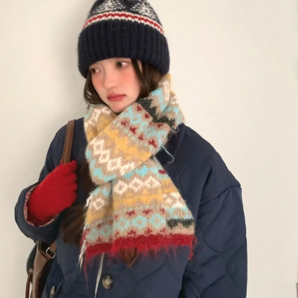

Повседневный теплый жаккардовый вязаный шарф с принтом в стиле Fair Isle, винтажный, для защиты от холода, зимний, шерстяной, для улицы