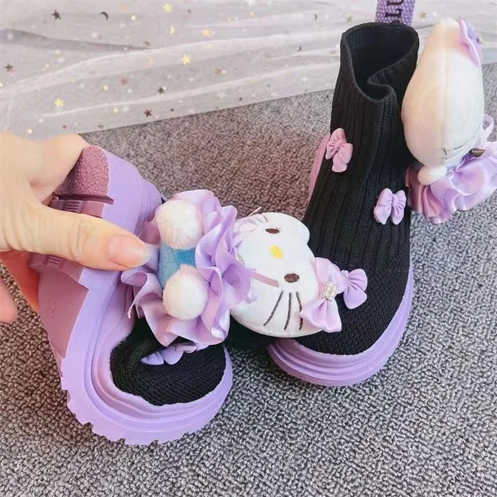 2025 new autumn Socks shoes hello kitty real pictures lovely bow plus size knitting black purple child Children's Fashion Boots