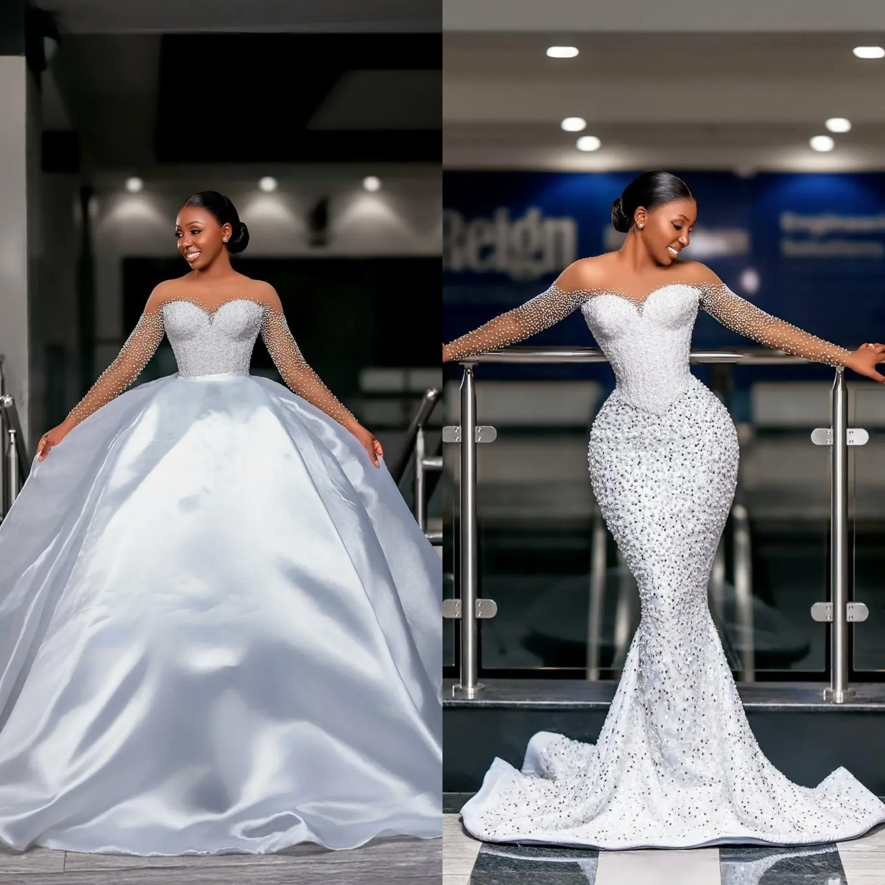 Customized  Sheer Neck  Sparkly Fully Pearls Beads Wedding Dress with Removable Skirt  Robe De Mariée  Long Sleeves  Bridal Gown