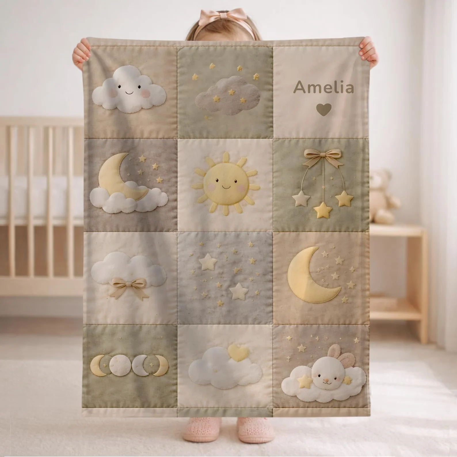 Patchwork Baby Blanket with Name • Sun Moon Stars Quilt Look Baby Blanket • Neutral Nursery Decor • Newborn Gift