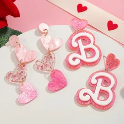 Chic Pink Sparkling B & Heart Design Stud Earrings - Stainless Steel Posts  Acrylic No Plating - Perfect for Casual Attire & Pa