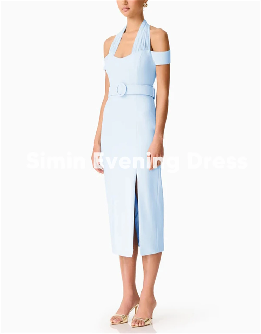 Simin Women's Halter Boat-neck Sashes Saudi Evening Dresses With Sleeveless Straight Tea-Length Formal Elegant Dresses 2025
