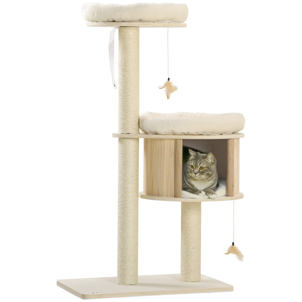 

3-Level Cat Tree with Sisal Scratching Posts, Fun Cat Badminton Toy for Playing, Soft Cushions, & Play Areas, Pet Furniture
