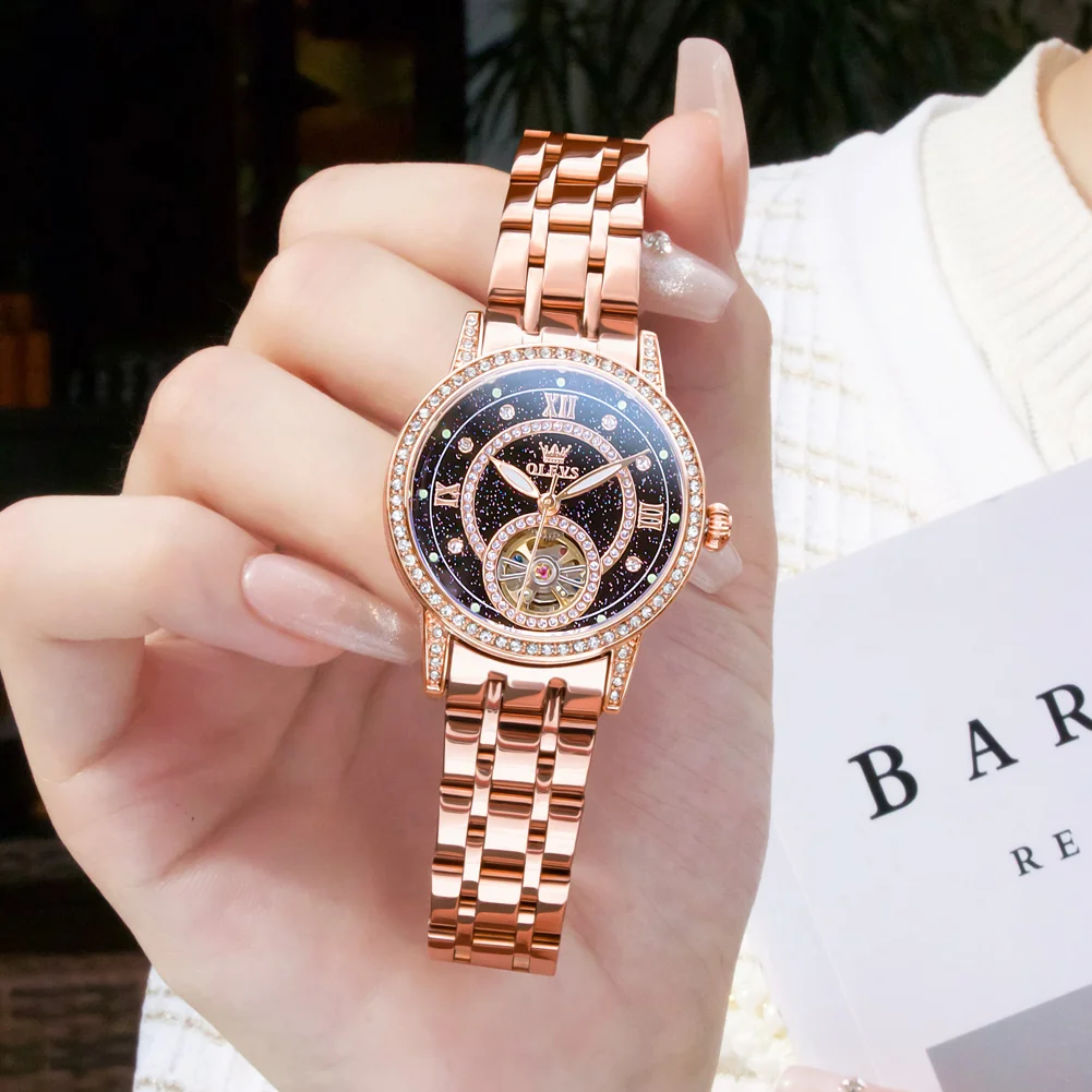 OLEVS Women Automatic Mechanical Watch Rose Gold Starry Sky Dial Diamond Bezel Hollow Waterproof Ladies Wristwatch Reloj Mujer
