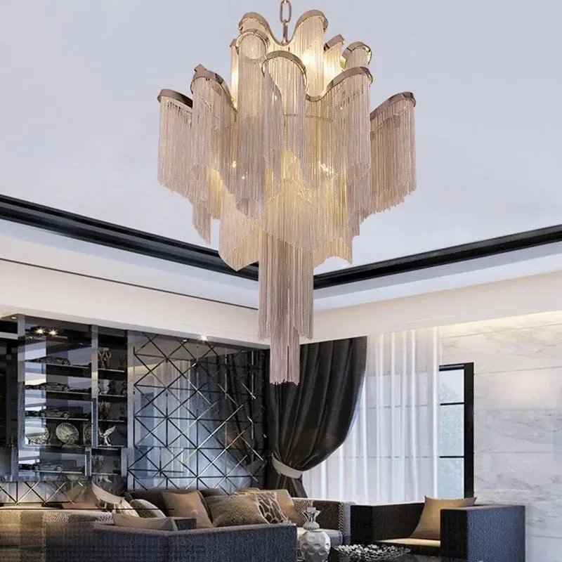 

Modern Luxury Silver Gold Aluminium chain fringed Chandelier Luxury Stair Pendant Hanging Light for Home Hotel Decoration