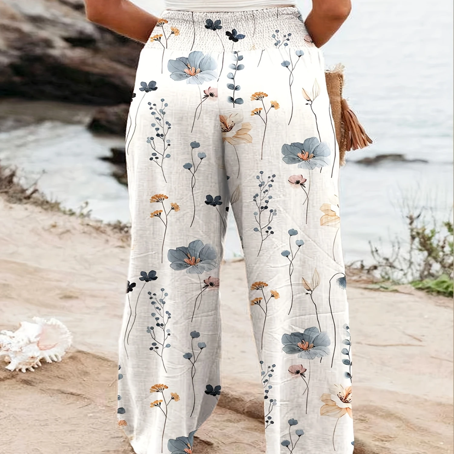 Floral Print Wide Leg Pants - Comfortable Shirred Waist - Elegant Flowy Style for Spring/Fall - Versatile Women's Fashion