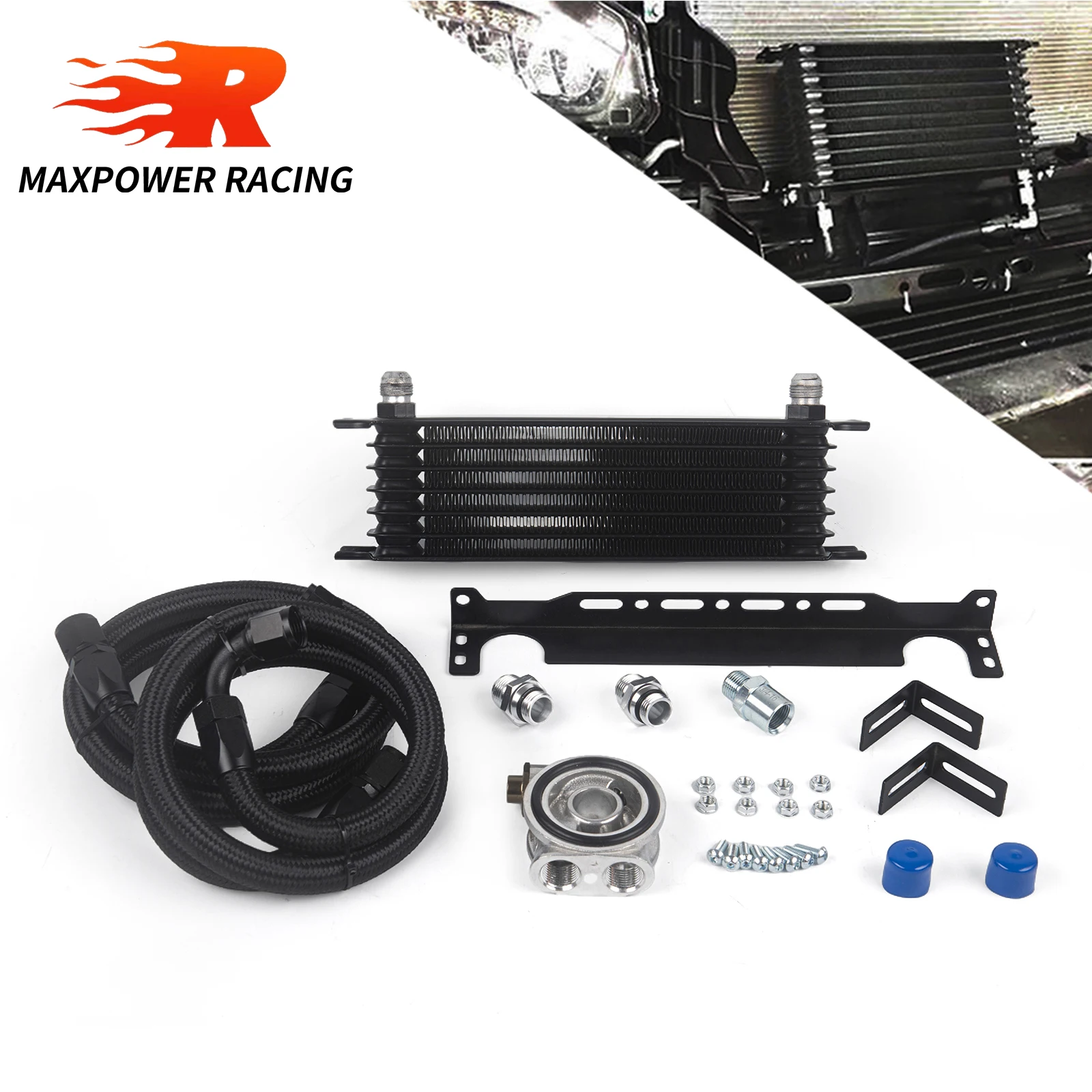 

Universal 7 Rows Black T Oil Cooler Kit+Thermostat Oil Filter Sandwich Adapter+Nylon Steel Braided AN10 Hose+Mounting Bracket