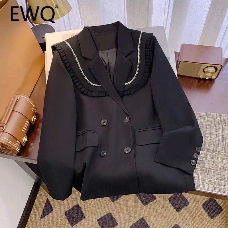 

EWQ Fashion Ruffles Spliced Blazer Women Office Lady Notched Double Breasted Long Sleeve Coat Clothing 2024 Autumn New 27X692