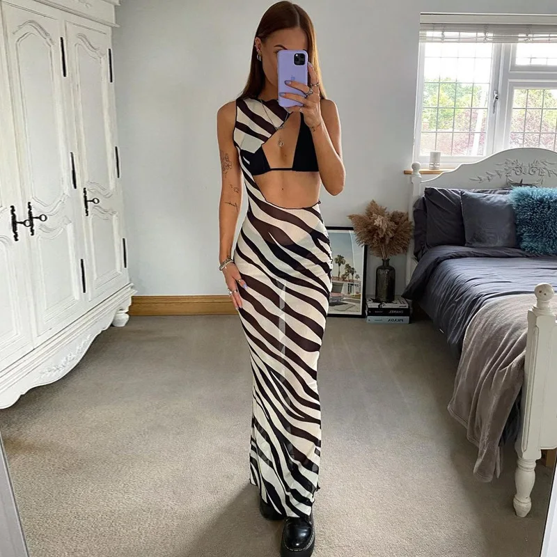 Combhasaki Women's Summer Boho Beachwear Sleeveless O-Neck Cutout Zebra Striped Print Mesh Sheer See-through Straight Long Dress