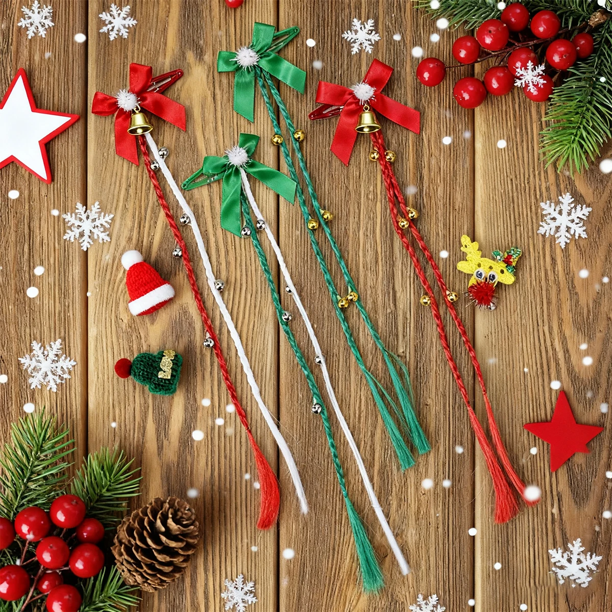 Cute Christmas Pom-Pom Bow Braid Hair Clips, Red-Green Wig Braid Teardrop Clips, Sweet Cute Side Clips