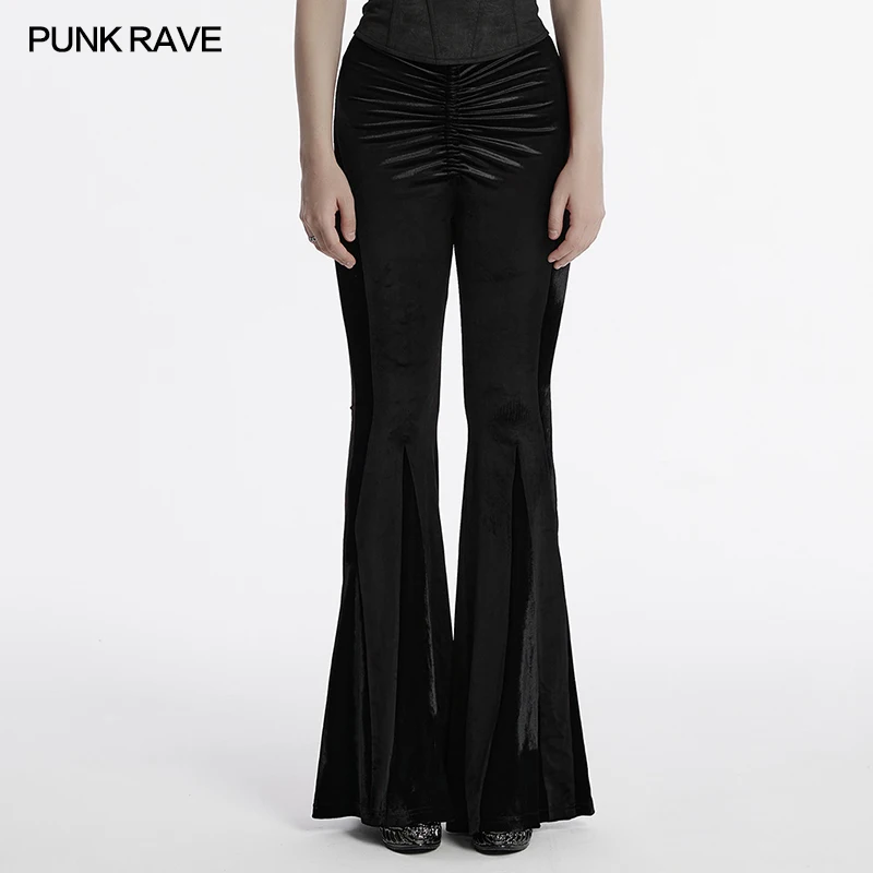 PUNK RAVE Women's Gothic Gradient Printed Slim fit Flared Pants Front Crotch Pleat Design Waist Strap Sexy Trousers