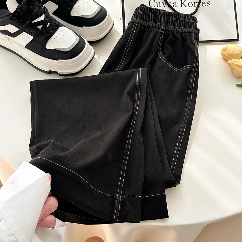 Women's Jeans Spring Summer Lightweight Korean Style High Waisted Slim Fit Straight Wide Leg Ice Silk Draped Casual Pants