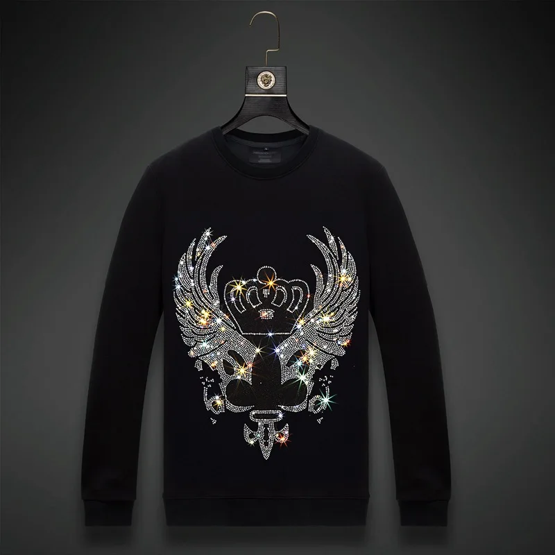 

Plus Size 2023 Men Wing Crown Rhinestones Hoodie Fashion Streetwear Full Pullover Hoodie Black O Neck Cotton Mens Autumn Clothes