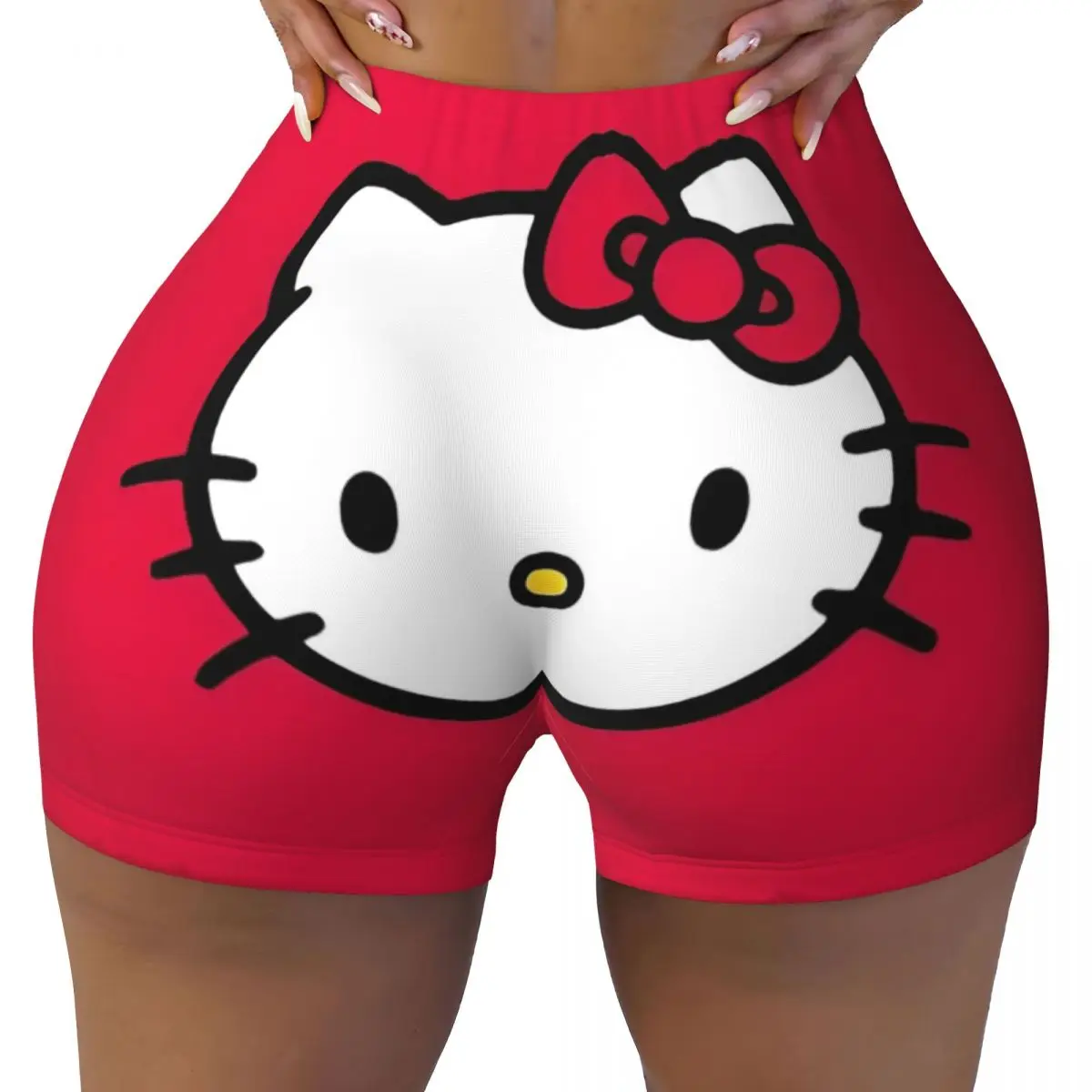 Hello Kitty Face Cute High Waist Yoga Shorts Women's Athletic Fitness Workout Gym Sports Leggings