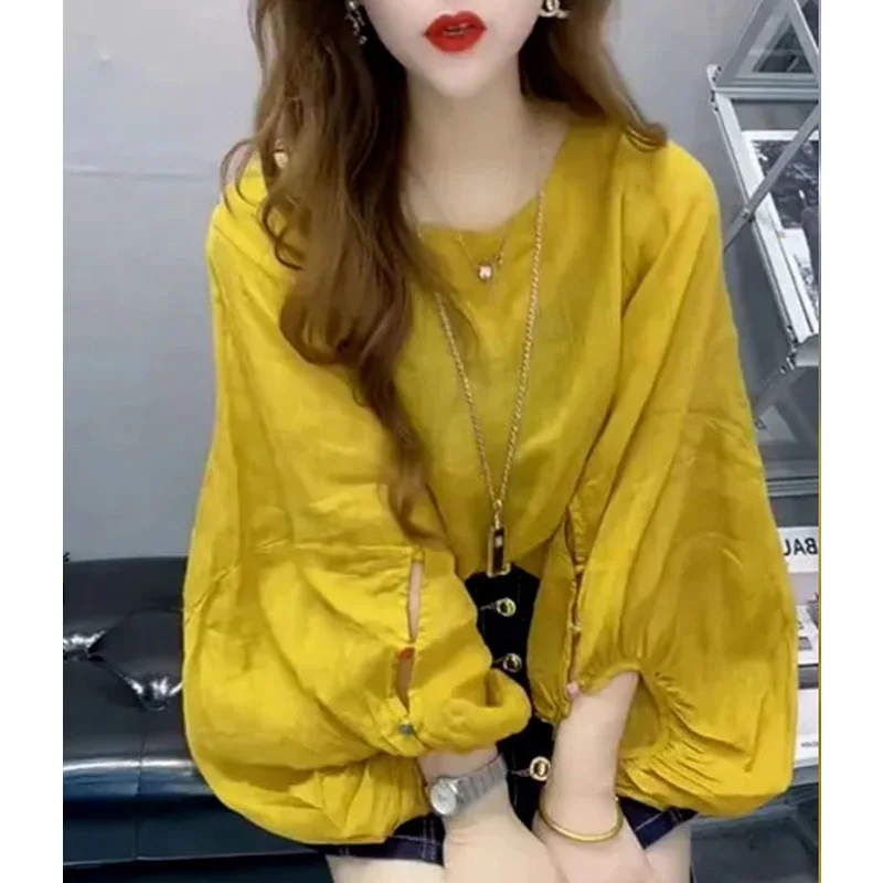 Fashion O-Neck Loose Folds Lantern Sleeve Blouse Female Clothing 2023 Autumn New Casual Pullovers Tops Solid Color Korean Shirt