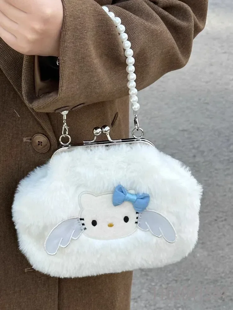 

Sanrio Plush Handbag for Women Cute Hello Kitty Cartoon Angel Tote with Pearl Chain Luxury Designer Handbag