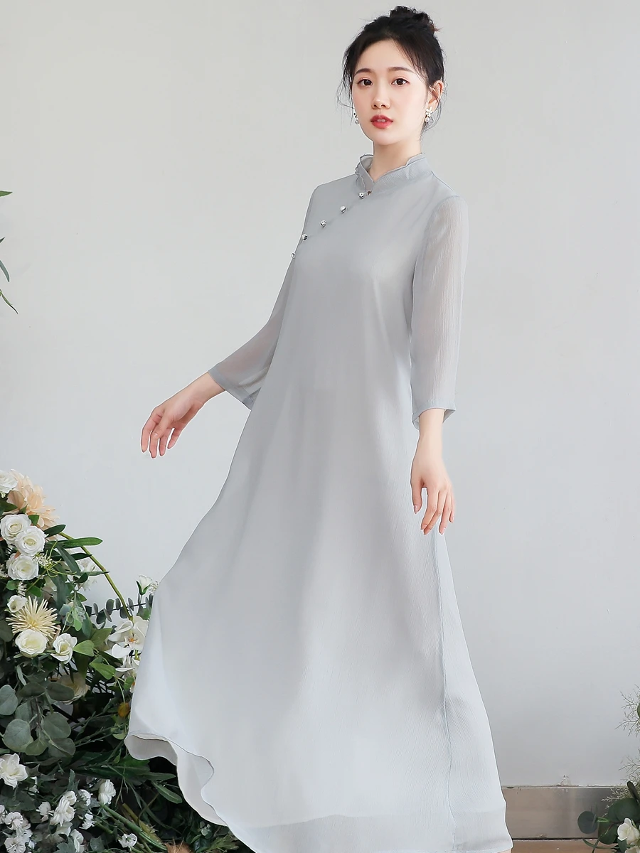 Revised  Zen Style Tea Dress Women's Hanfu Summer New Chinese Style Ancient Wind Women's Shangfeng Chiffon Dress