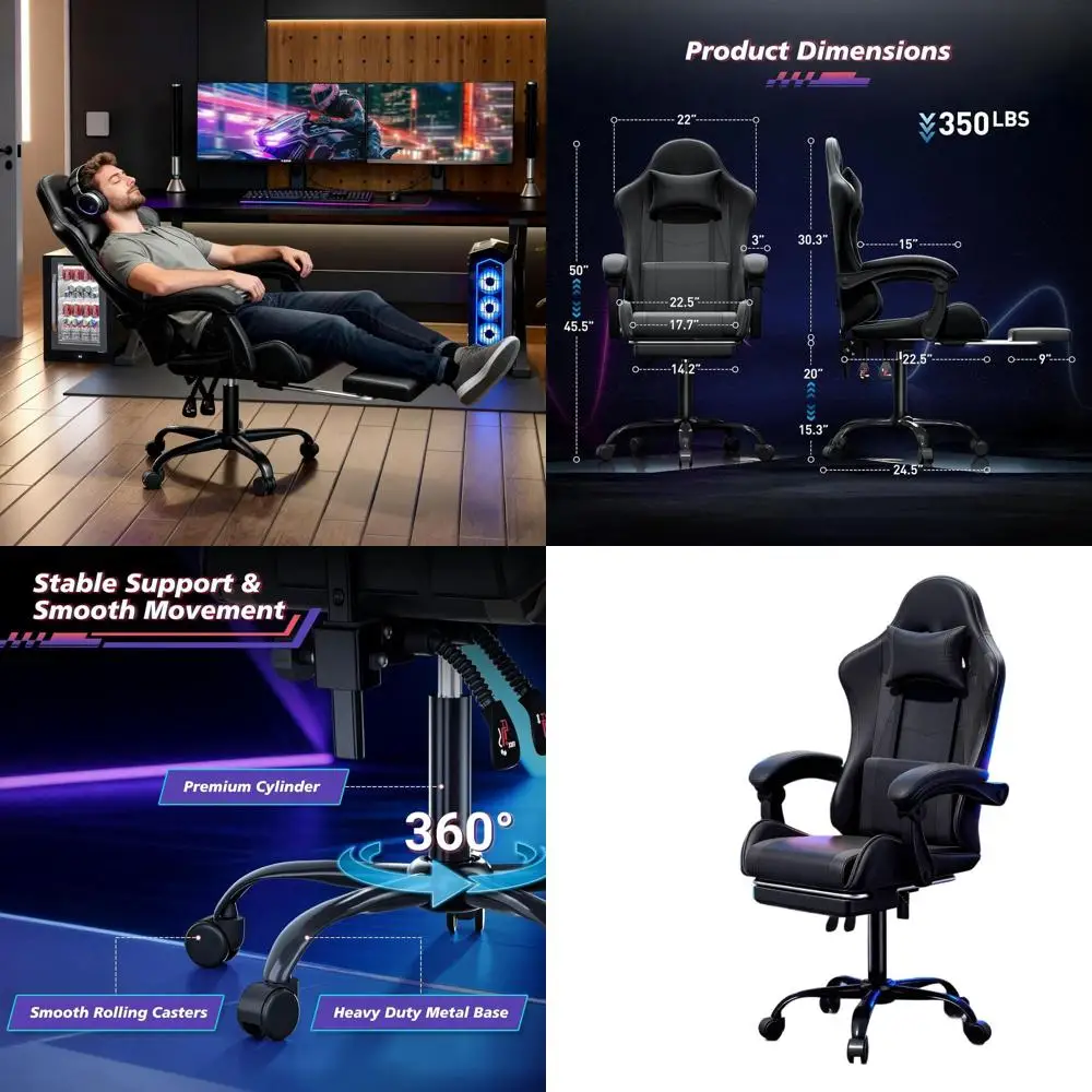 

Ergonomic Gaming Chair for Adults: Adjustable Armrests, Footrest, and Headrest, 350 lbs Capacity, Black