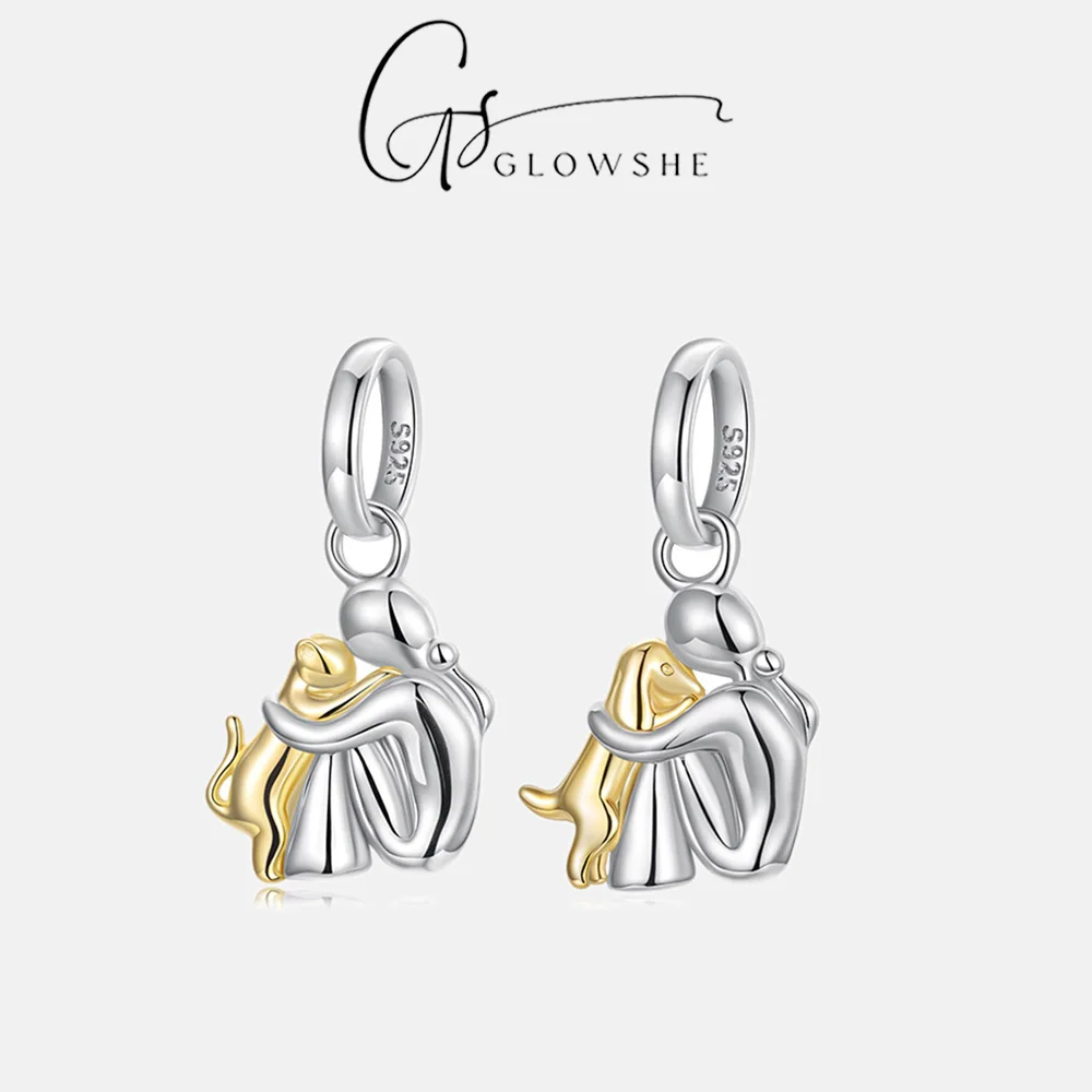 

Glowshe 925 Silver Pet Lover Charm Pendant Mixed Color Hugging Dog Cat Design Dainty Animal Fine Jewelry For Necklace Bracelet