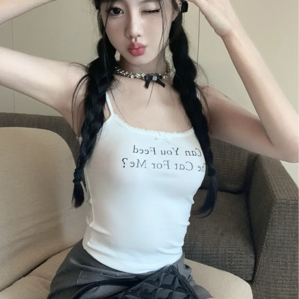 Fashion Lace Alphabet Print Suspenders Sleeveless Streetwear Small Lace Base Vest Patchwork Cami Shirts Women