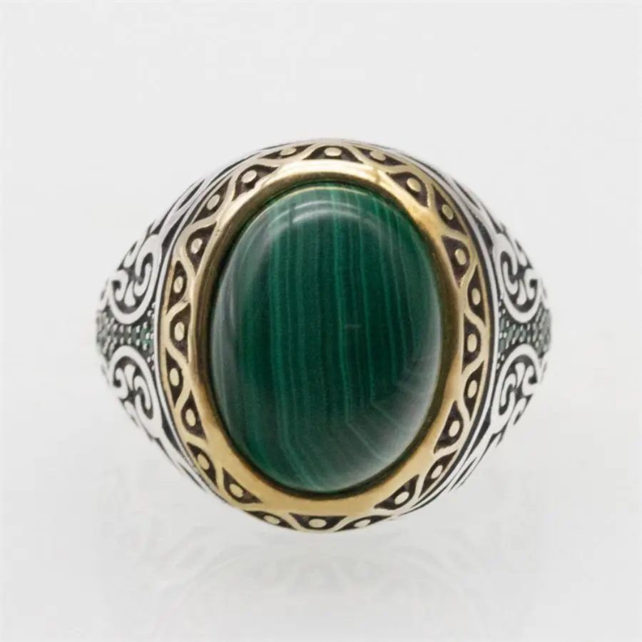 Wholesale Real 925 Sterling Silver Turkish Ottoman Rings Wedding Fashion Natural Malachite Stone Handmade Vintage Ring