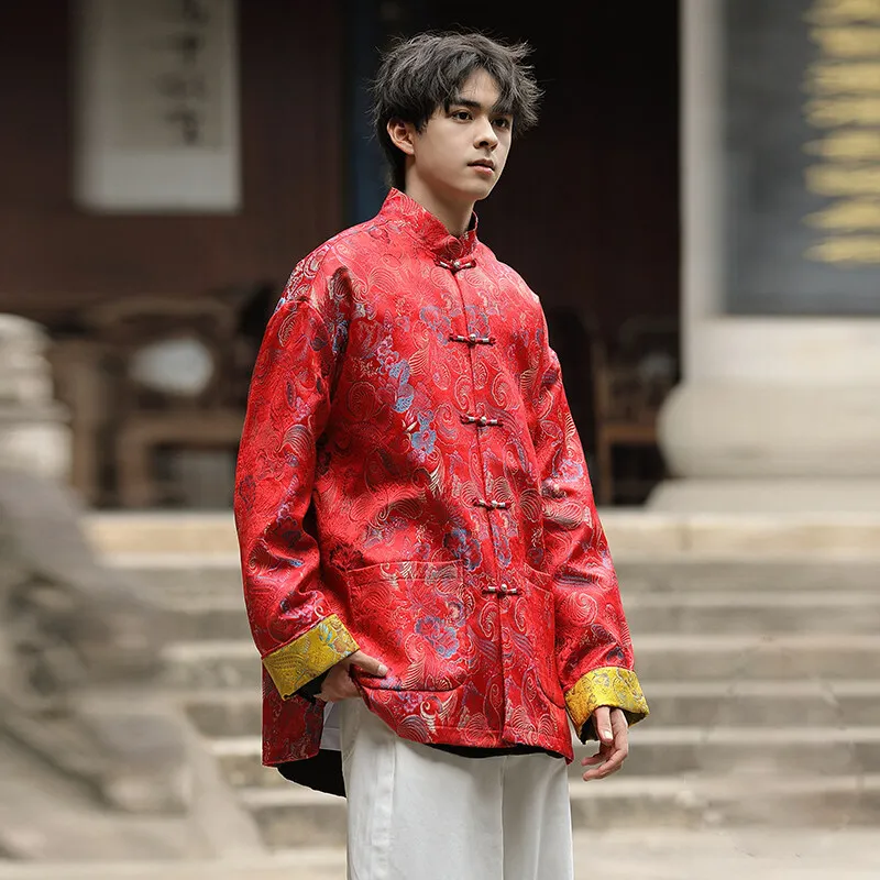 

New Chinese Sle Men's Jaet Tang Suit Spring Autumn Pattern Embroidery Button i Guo Feng Tang Clothing Stand Collar Long...