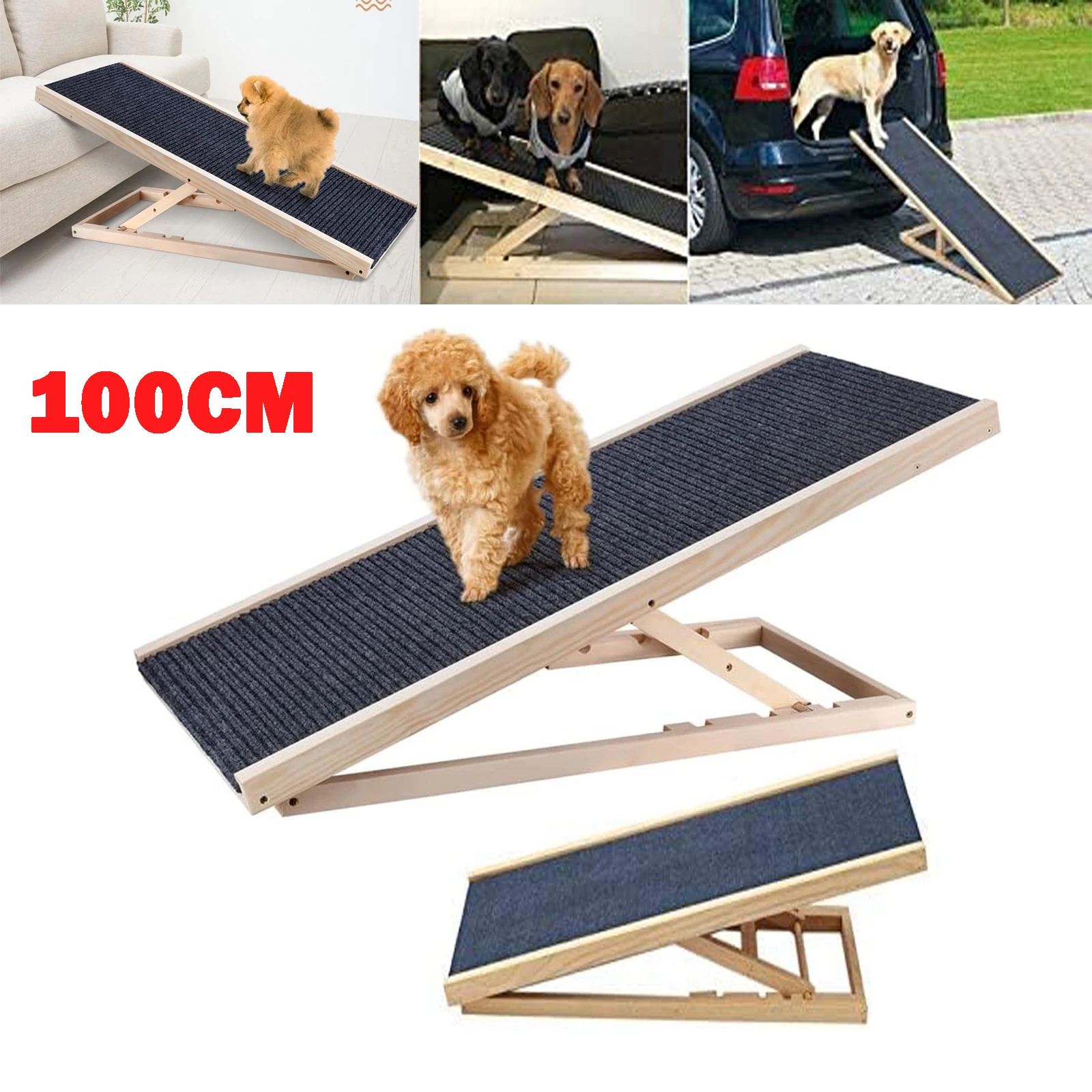 Rampe pour chien en bois pliable 4 hauteurs réglables 150kg surface antidérapante moquette escalier animaux pour SUV lit canapé grands chiens seniors bleu marine 100x40x30 40 50 60cm