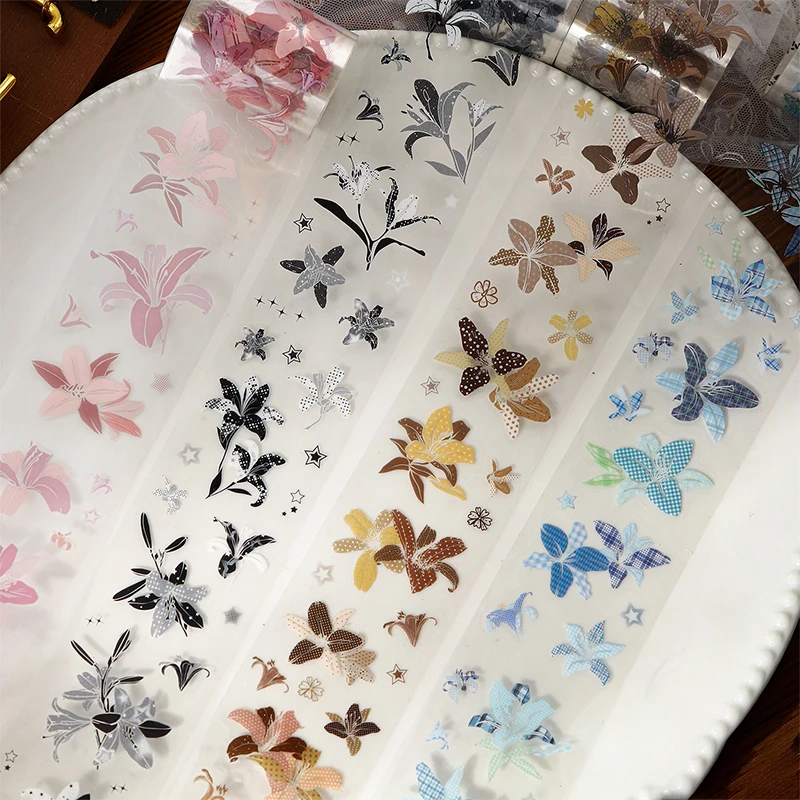 JIANQI 50 mm x 2 m Blumen-Lilien-PET-Klebeband, transparentes Scrapbook-Klebeband für Junk-Journal-Planer, Kartenherstellung, DIY-Bastelarbeiten