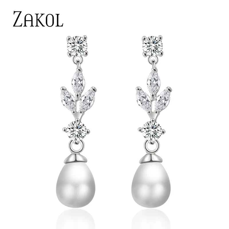 ZAKOL-pendientes de circonia cúbica para mujer, aretes colgantes con corte Marquesa, hoja de perla de imitación, joyería de boda a precio de fábrica FSEP2179