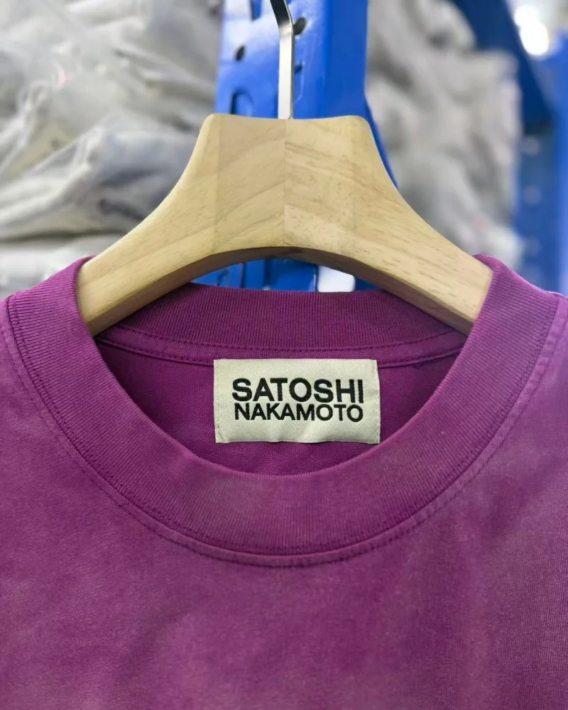 Men Women Streetwear Vintage High-Quality Satoshi Nakamoto Studded Logo Red Crew Neck Washed Short-Sleeve T-Shirt
