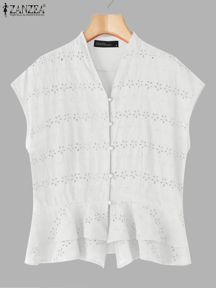 

Casual OL Work Shirts Women Lace Hollow Out Tops Summer V Neck Blusas 2025 ZANZEA Fashion Solid Color Ruffled Tunic Oversized