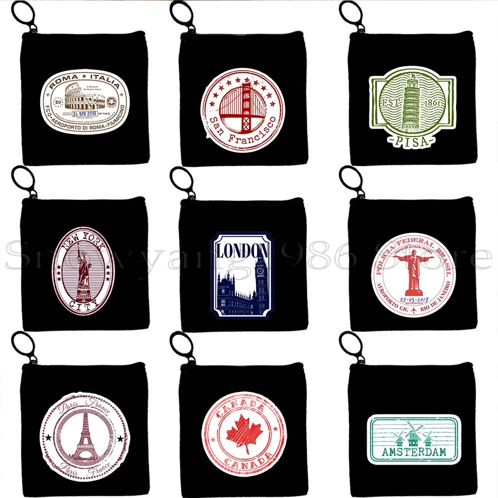 

Amsterdam Morocco Las Vegas New York Paris Canada Bangkok San Francisco Cairo Canvas Coin Purse Key Case Bag Wallet Zipper Pouch