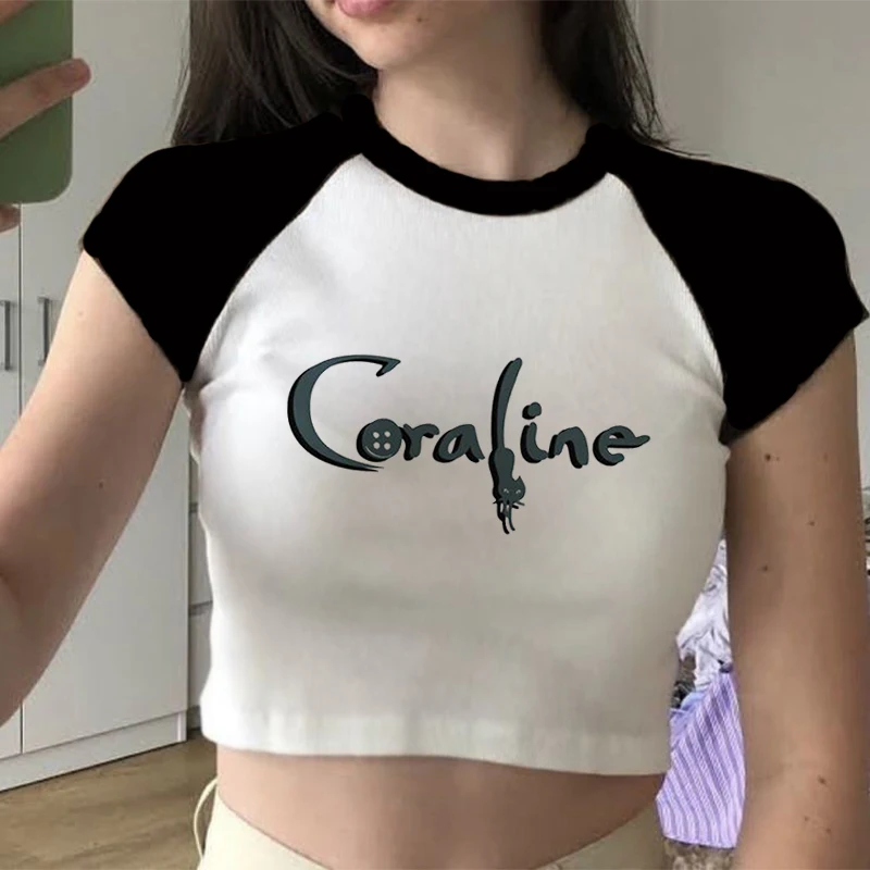 Kawaii Cartoon Coraline Prints Women Summer Tops Sexy Y2k Crop Top Graphics Baby Tee Harajuku Street Short Sleeve Skinny T-shirt