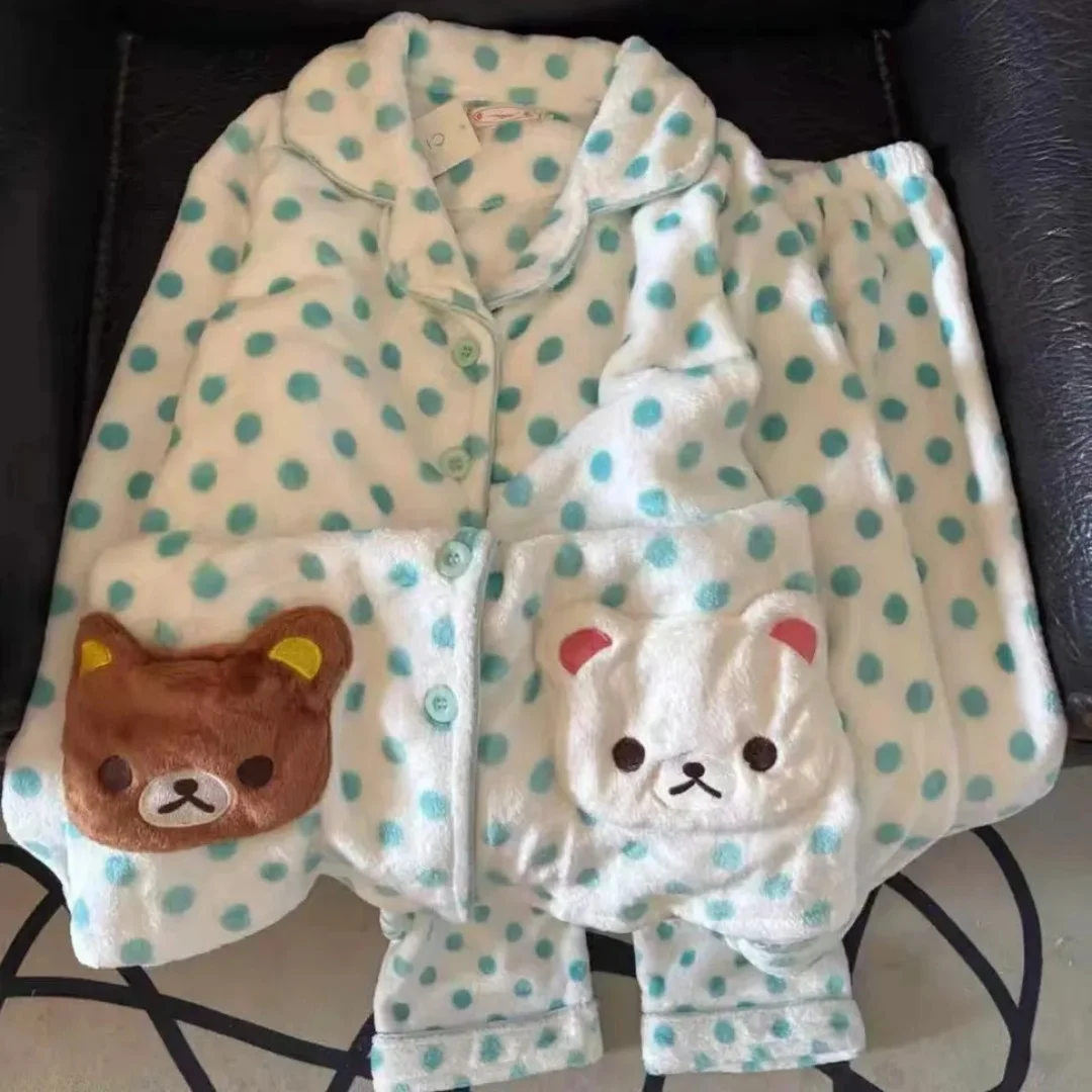 

Hot Rilakkuma Blue Polka-Dot Winter Pajamas Girls Winter Coral Velvet Thickened Plus Plush Cartoon Plush Home Clothes Girls Gift