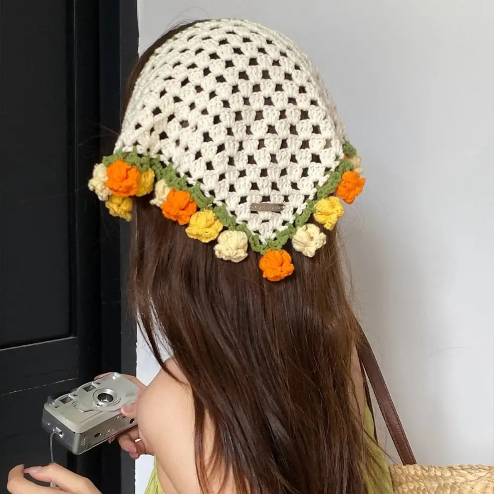 

Sweet Hair Band Knitted Headband Floral Bohemian Women Hair Scarf Girl Hair Accessories Hollow Out Triangle Turban Children