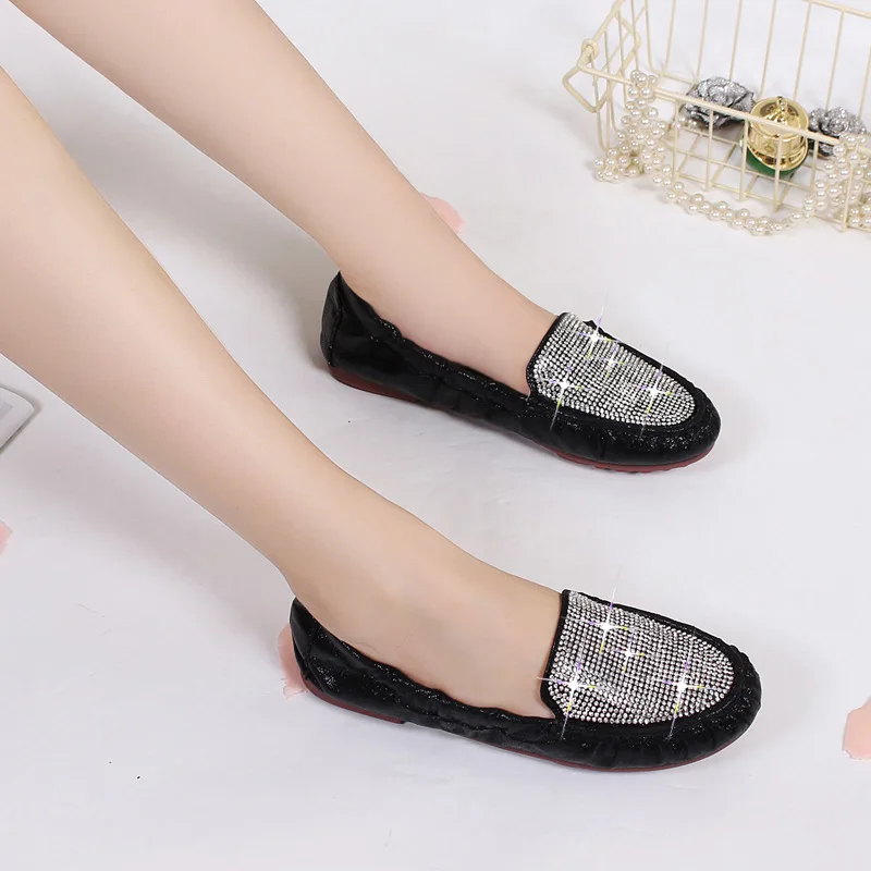 Woman Elegant Round Toe Cute Bling Rhinestone Flats Female Versatile Ballerina Shoes Gold Black Comfortable Soft Soled Mary Jane