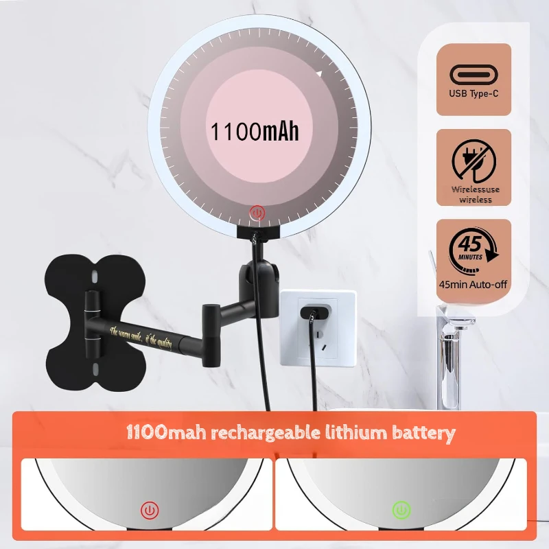 Wall Mounted Bath Mirrors Folding Mirror Non Punching Double Sided 360 Degree Hairstyling Mirror Bathroom LED Light Household