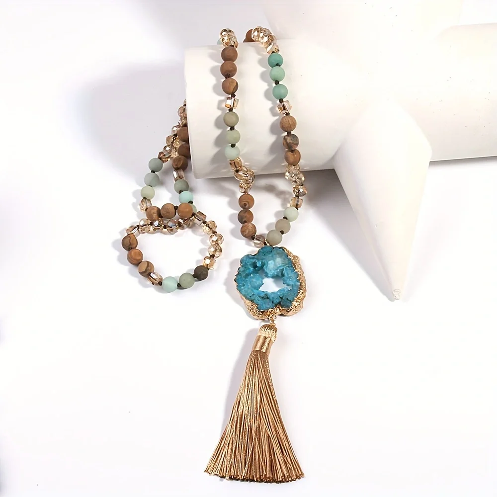 Fashion Bohemian Jewelry Semi Precious Stones Knotted Druzy Stone Links Tassel Necklaces For Women Boho Necklace