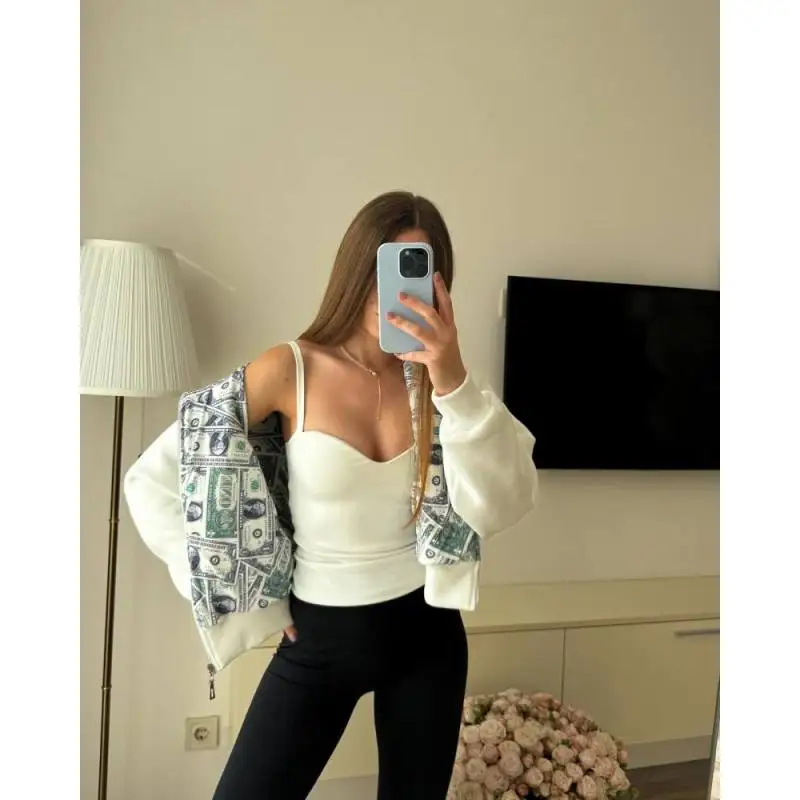 Dollar Print Lined Hoodie Women's 2025 Trendy White Oversized Zip-Up Sweatshirt Street Fashion Casual Top