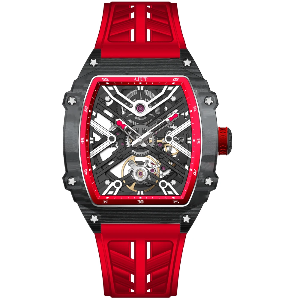 ساعات أوتوماتيكية من AJUT للرجال بحركة ميكانيكية من ألياف الكربون ساعة هيكل عظمي للرجال فاخرة عالية الجودة 0519