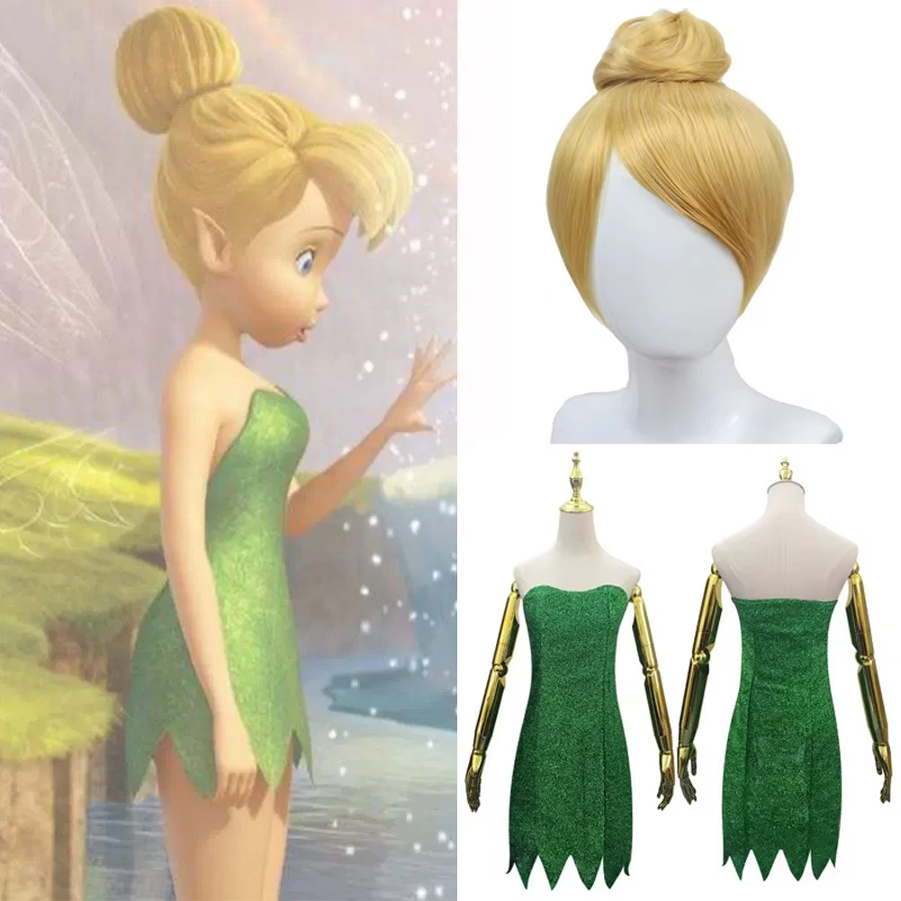 Disfraz de Cosplay de Anime Tinker Bell, vestido verde, traje Miss Mini Tube, uniforme Sexy y pelucas, conjunto de disfraz de Halloween para mujer