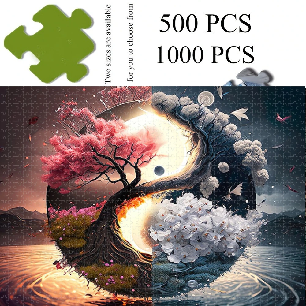 500/1000 Pcs for Adults Jigsaw Puzzle Yin Yang Tree Challenging Large-Scale Brain Teaser with Complex Patterns, Portable Box