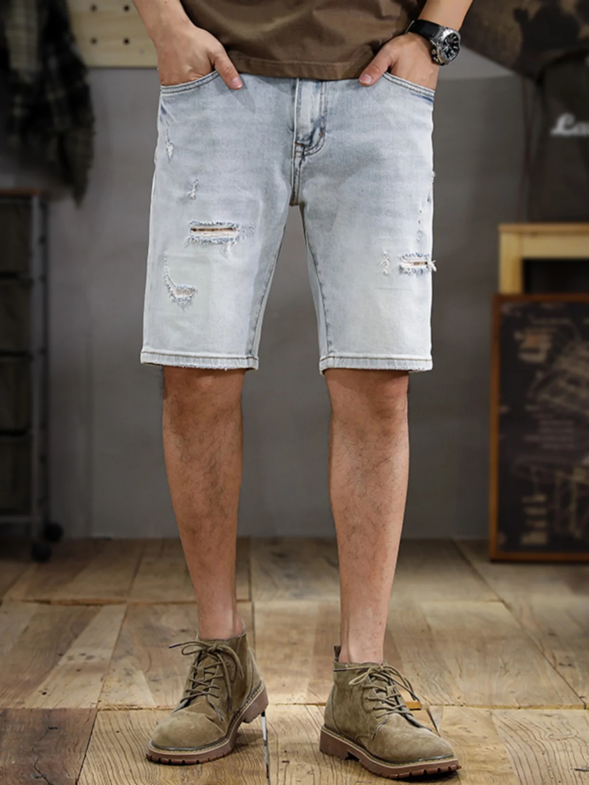 

High-End Hong Kong Men's Ripped Blue Jeans Short Pants Straight Leg Fit Vintage Washed Cotton Stretch Five-Quarter Mid-Pants