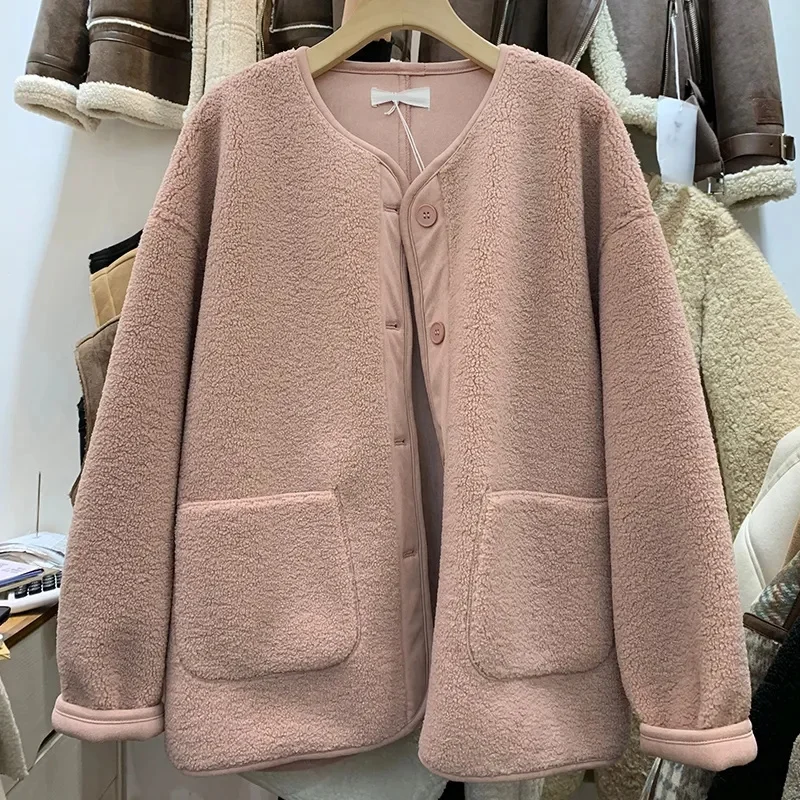 

Fashion Korean Version Loose Slim Single breasted Lamb Fleece Coat for Women's High Grade Fur One Piece Thickened Lamb Fleece Co