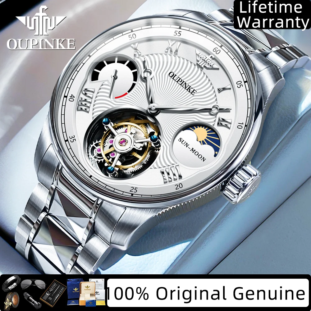 

OUPINKE Real Tourbillon Mechanical Watches for Men High-end Luxury Brand Original Multi-functional Moon Phase Men's Watches 8001