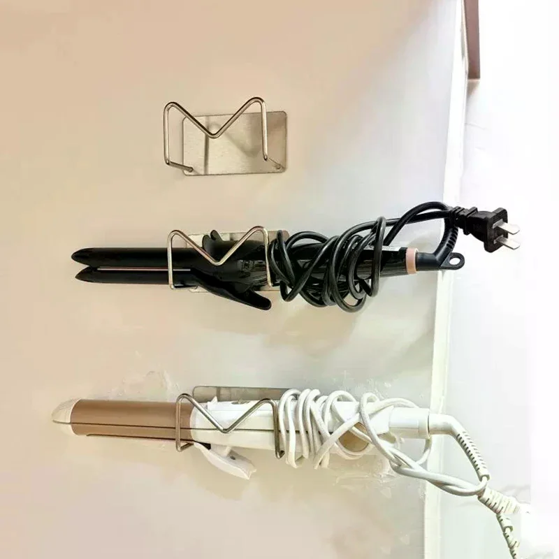 Wall Mounted Self Adhesive Hair Dryer & Curler Straightener Holder Stainless Steel Storage Rack No Drilling Bathroom Organizer gallery 3