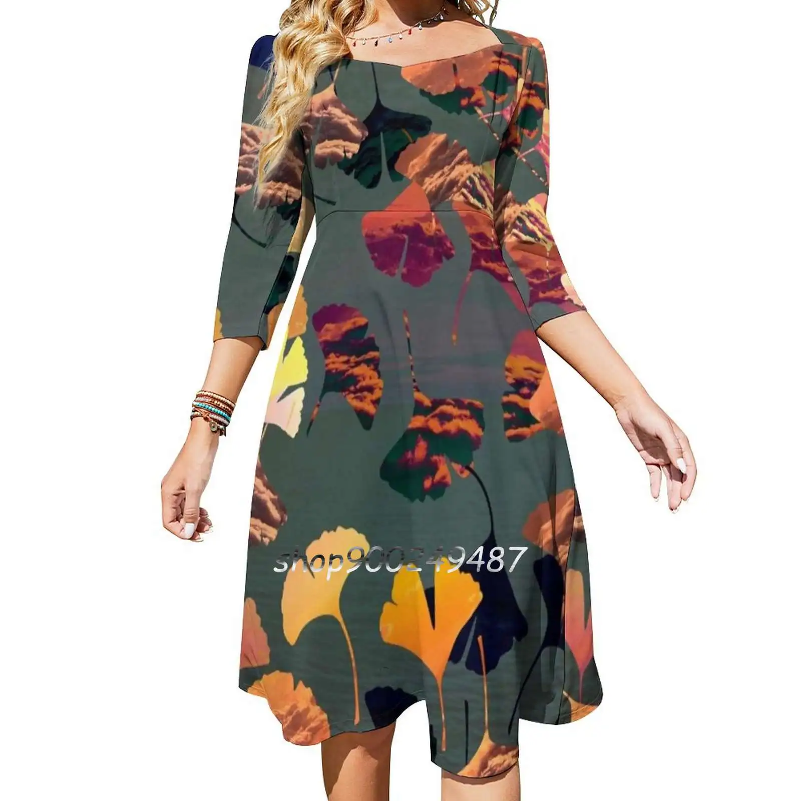 Autumn Ginkgo Biloba Square Neck Dress New Plus Size Elegant Women Waist Tight Dress Ginkgo Biloba Ginkgo Autumn Leaves Colours