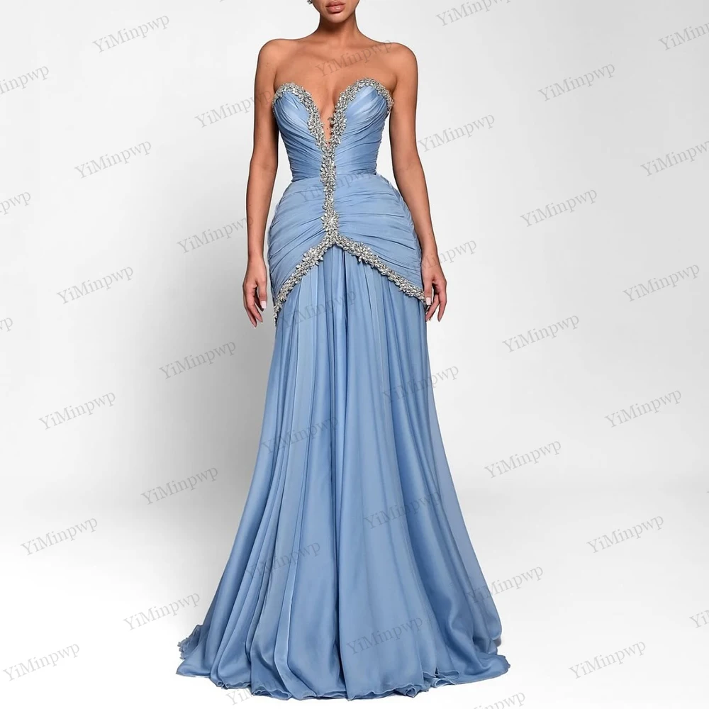

Pleat Crystals Evening Dress 2025 Luxury Mermaid Chiffon Party Dresses ساتين سهره نسائيه فخمة براند