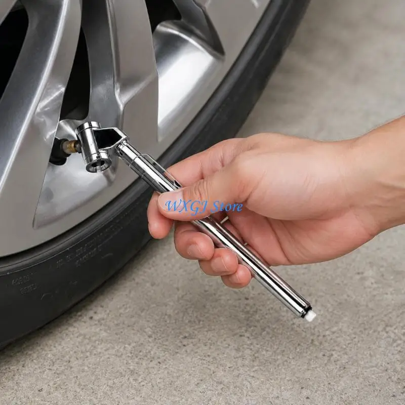 37JE Vehicle Tire Pressure Meter, Pencil Tool with Carry Clip, Opposing Metal Head Openings and Reading Stem for Travel Storage