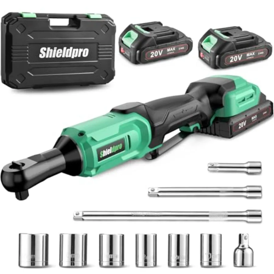 

20V Cordless Ratchet Wrench Set - 3/8" Electric Power Ratchet Kit with 400RPM, LED Work Light, and 2 Batteries, Fast Charger, S